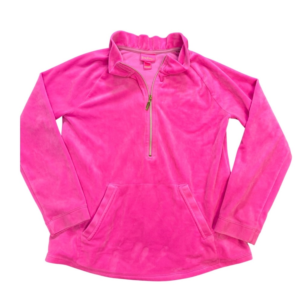 Lilly Pulitzer Girls Pink Velour 1/4 Zip Pullover Sweatshirt Size XL 12-14